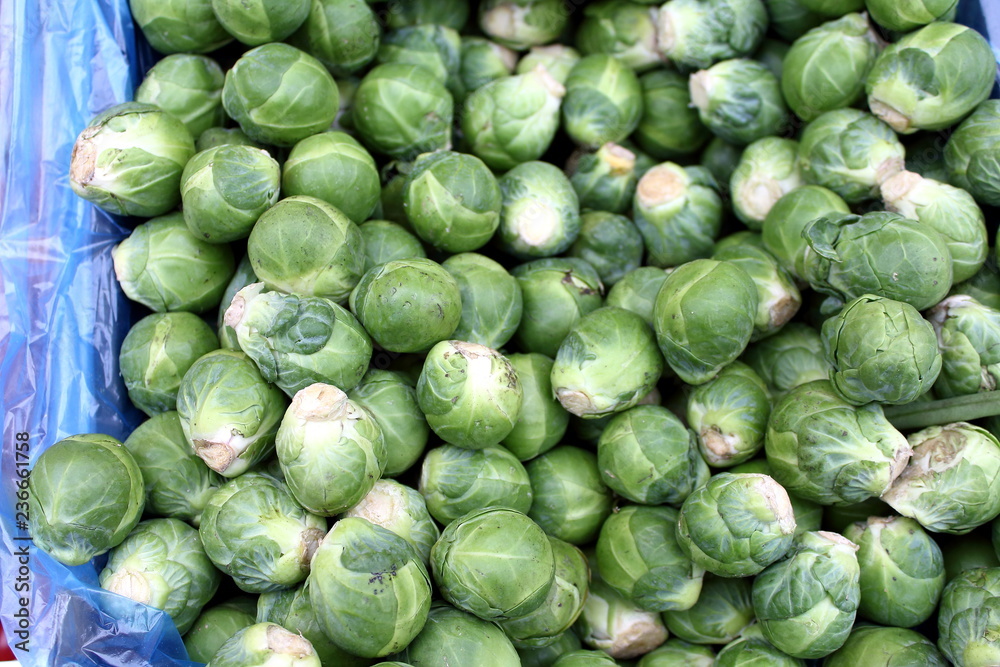 Lots of green fresh organic Brussels sprouts on the counter of the farmer's market pattern background Lots of green fresh organic Brussels sprouts on the counter of the farmer's market pattern background