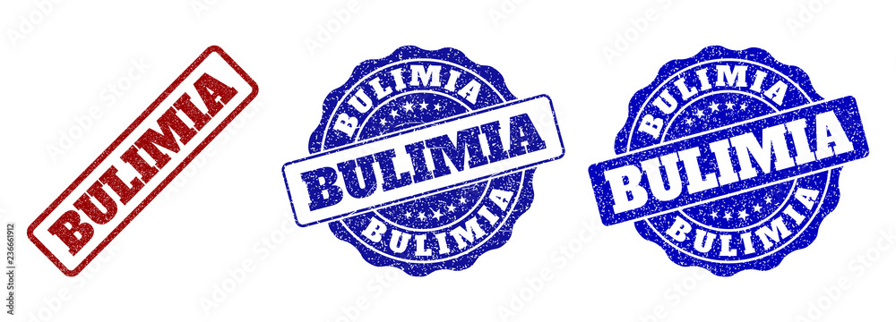 BULIMIA grunge stamp seals in red and blue colors. Vector BULIMIA labels with draft texture. Graphic elements are rounded rectangles, rosettes, circles and text labels.