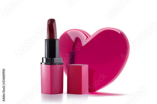 Pink lipstick with 3d realistic heart. Lipstick Love concept banner design. Vector make up object isolated in white background.