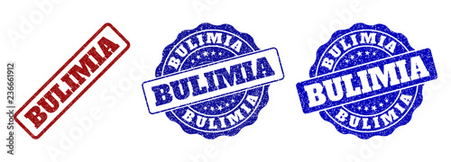 BULIMIA grunge stamp seals in red and blue colors. Vector BULIMIA labels with draft texture. Graphic elements are rounded rectangles, rosettes, circles and text labels.