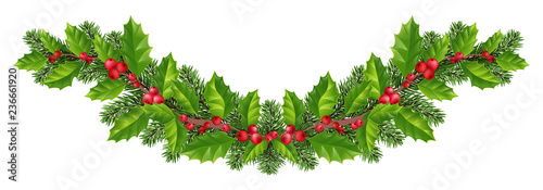 Fototapeta Naklejka Na Ścianę i Meble -  Christmas decorations with  fir tree, holly, berries and decorative elements. Design element for Christmas decoration. Isolated on white background without shadow.