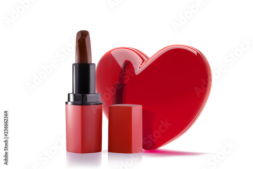 Red lipstick with 3d realistic heart. Lipstick Love concept banner design. Vector make up object isolated in white background.