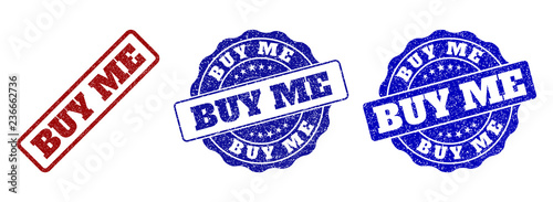 BUY ME grunge stamp seals in red and blue colors. Vector BUY ME labels with grunge surface. Graphic elements are rounded rectangles, rosettes, circles and text titles.