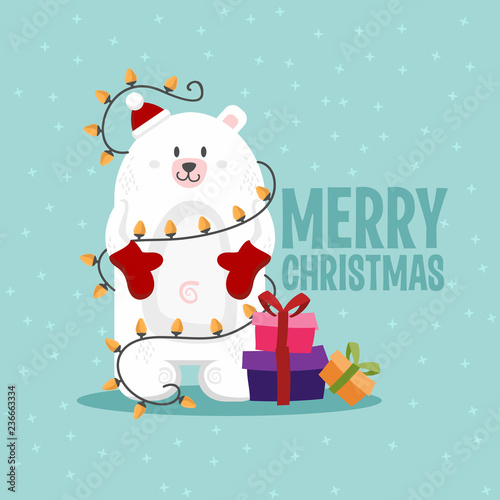 The christmas design. polar bear, garland of snow balls, christmas toys, gift box on blue background.