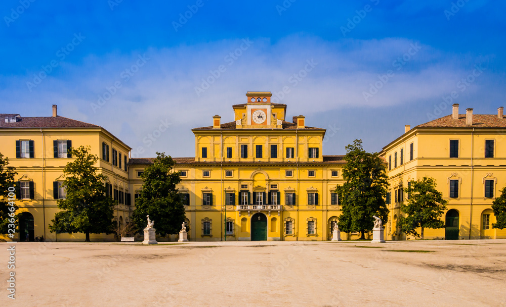 Stunning view of Ducal garden's palace, facade and side wings, Parma, Italy
