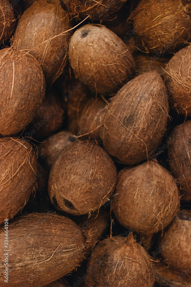Pile of coconuts, tropical fruits background Pile of coconuts, tropical fruits background