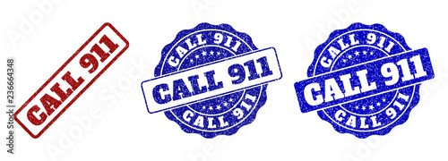 CALL 911 grunge stamp seals in red and blue colors. Vector CALL 911 imprints with grunge surface. Graphic elements are rounded rectangles, rosettes, circles and text labels.