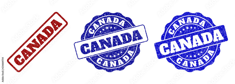 Obraz premium CANADA grunge stamp seals in red and blue colors. Vector CANADA labels with scratced effect. Graphic elements are rounded rectangles, rosettes, circles and text labels.