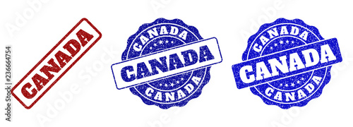 CANADA grunge stamp seals in red and blue colors. Vector CANADA labels with scratced effect. Graphic elements are rounded rectangles, rosettes, circles and text labels.