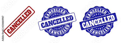 CANCELLED grunge stamp seals in red and blue colors. Vector CANCELLED imprints with grunge surface. Graphic elements are rounded rectangles, rosettes, circles and text labels.