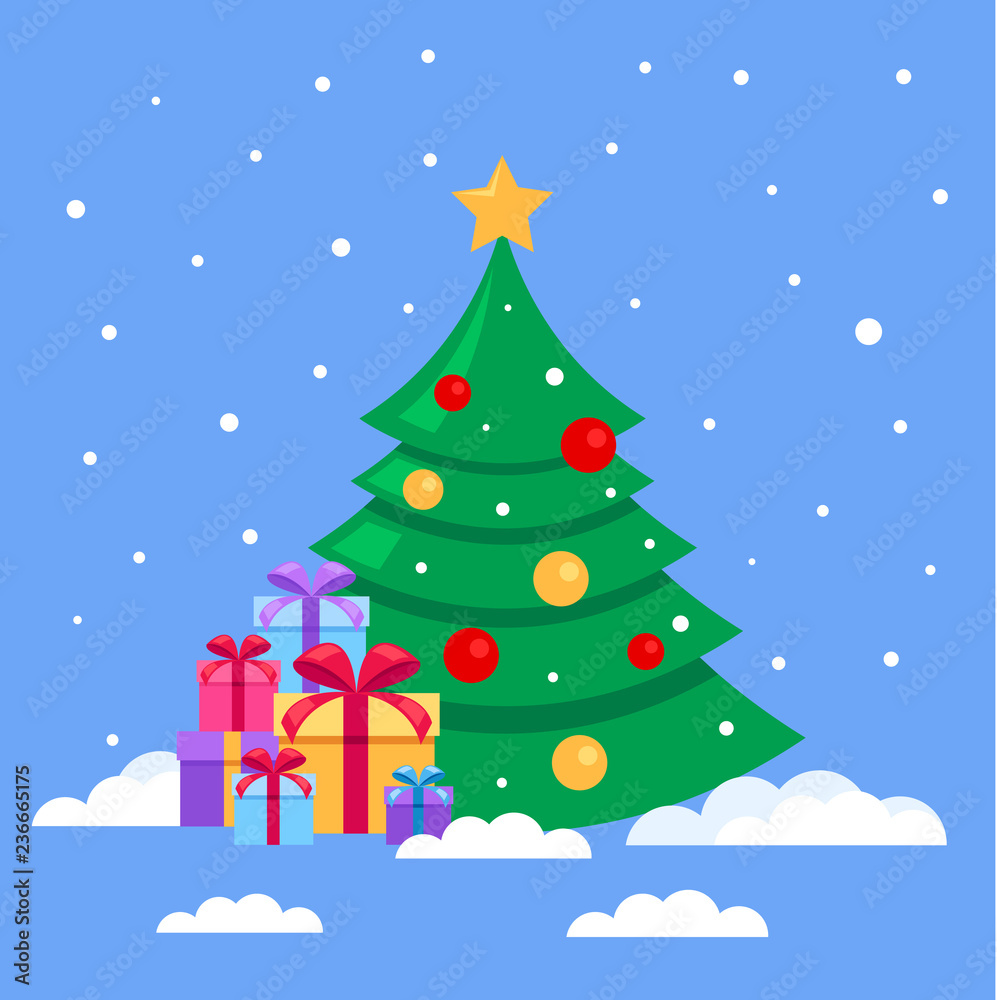 Christmas tree with pile many colorful gift boxes. Happy New Year concept. Vector flat cartoon design graphic isolated illustration