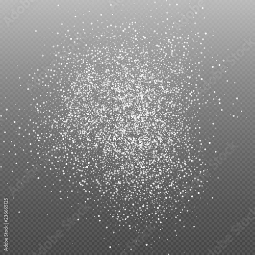 White Abstract Particles On Transparent Background. Falling Snowflakes Imitation. Bright Bokeh Texture. Digitally Generated Image. Vector Illustration, Eps 10. © sergio34