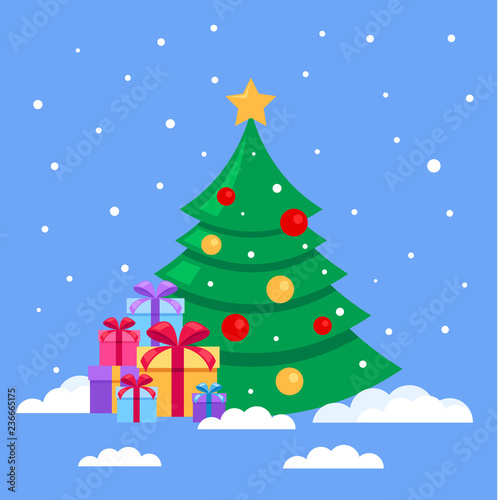 Christmas tree with pile many colorful gift boxes. Happy New Year concept. Vector flat cartoon design graphic isolated illustration