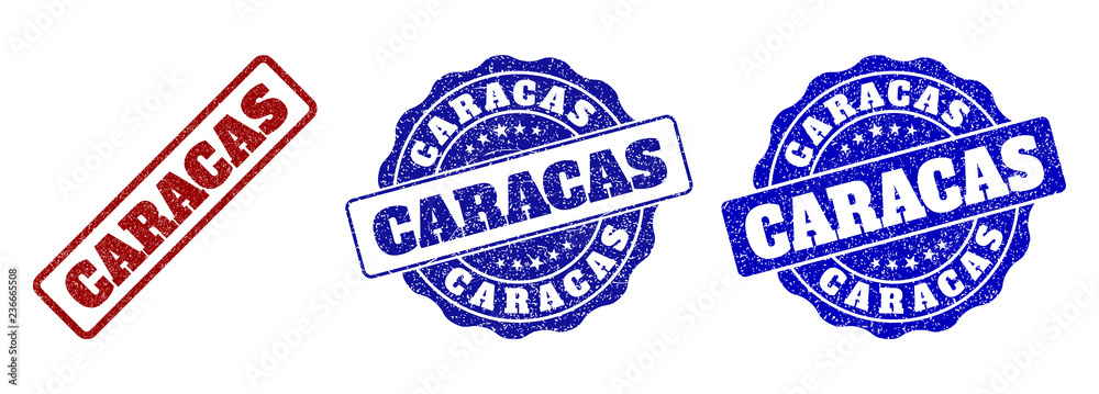CARACAS grunge stamp seals in red and blue colors. Vector CARACAS signs with grunge effect. Graphic elements are rounded rectangles, rosettes, circles and text titles. CARACAS grunge stamp seals in red and blue colors. Vector CARACAS signs with grunge effect. Graphic elements are rounded rectangles, rosettes, circles and text titles.