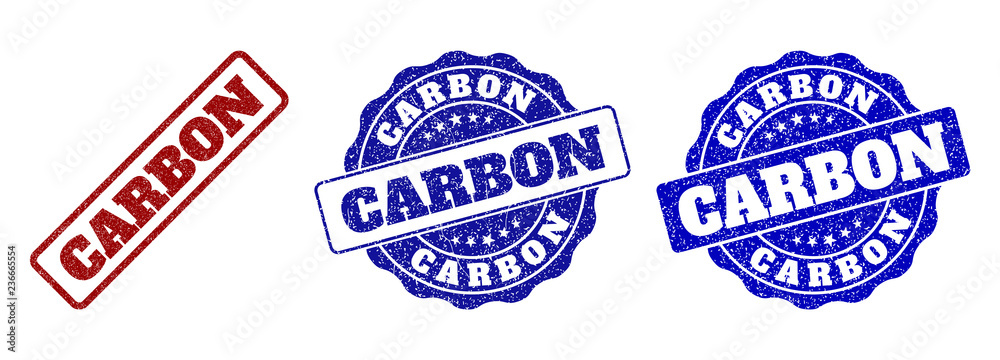 CARBON scratched stamp seals in red and blue colors. Vector CARBON labels with grunge texture. Graphic elements are rounded rectangles, rosettes, circles and text labels.