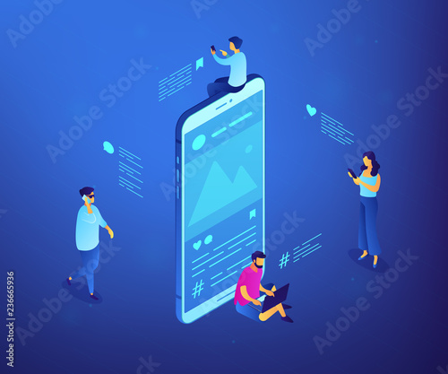 Business people send social media messages with smartphones and laptop. Social media messages, virtual communication, social media feedback concept. Ultraviolet neon vector isometric 3D illustration.