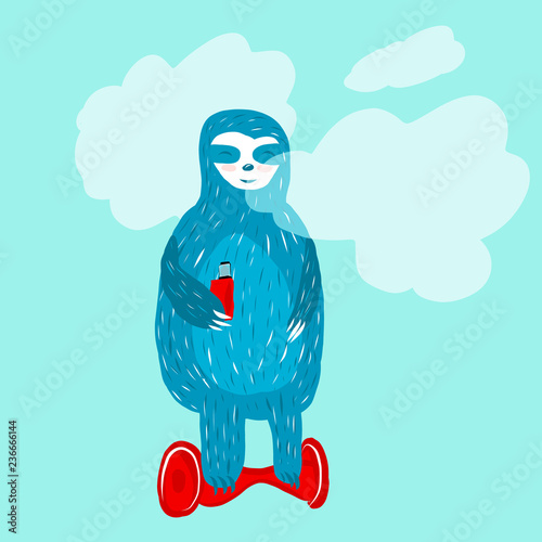 Cartoon cute blue sloth uses