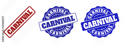 CARNIVAL grunge stamp seals in red and blue colors. Vector CARNIVAL marks with grunge texture. Graphic elements are rounded rectangles, rosettes, circles and text tags.