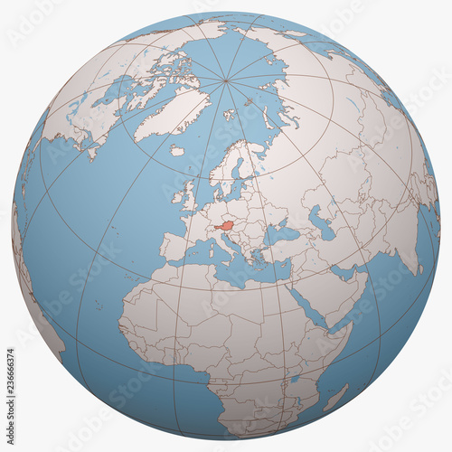Austria on the globe. Earth hemisphere centered at the location of the Republic of Austria. Austria map.