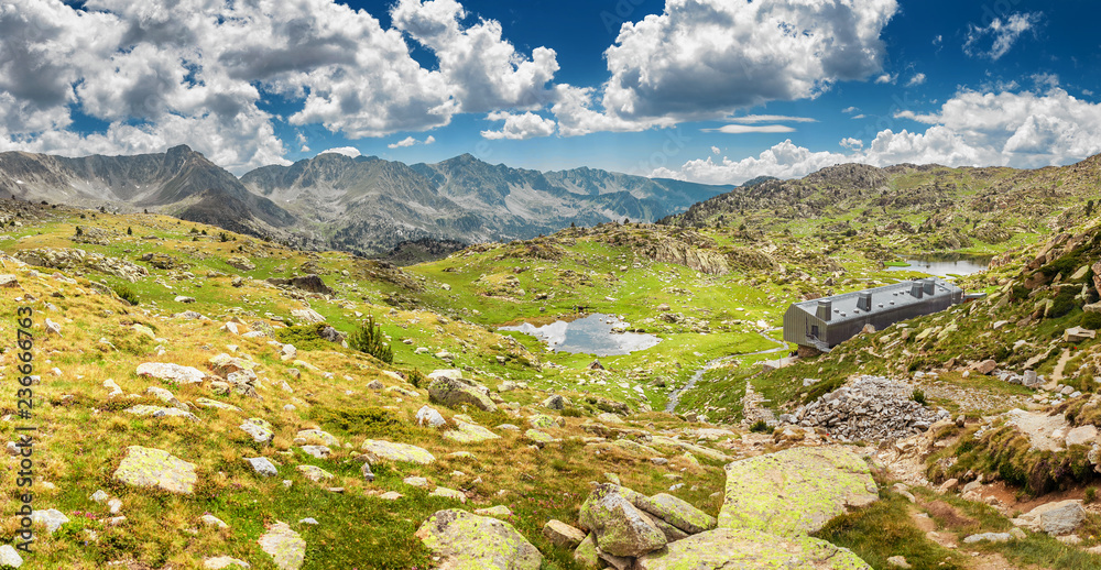 Madriu Perafita Claror Pyrenees mountain Valley and hiking refuge shelter in Andorra, UNESCO world heritage place