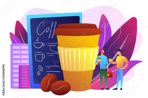 Businessmen drinking take away coffee at huge paper coffee cup and beans. Take away coffee, on the go drink, take away business concept. Bright vibrant violet vector isolated illustration