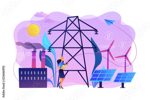 Engineer choosing power station with solar panels and wind turbines. Alternative energy, green energy technologies, eco-friendly energetics concept. Bright vibrant violet vector isolated illustration