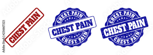 CHEST PAIN grunge stamp seals in red and blue colors. Vector CHEST PAIN signs with grunge style. Graphic elements are rounded rectangles, rosettes, circles and text captions.