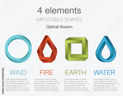 Nature infographic elements on light background. Impossible shapes and optical illusion. Line symbols with air, fire, earth,water. Alternative energy sources and eco logo. 