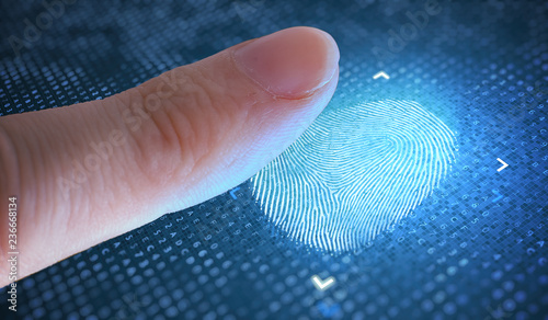 Biometric and security concept. Scanning fingerprint from finger. photo