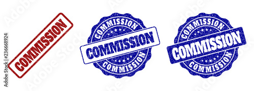 COMMISSION grunge stamp seals in red and blue colors. Vector COMMISSION watermarks with grunge texture. Graphic elements are rounded rectangles, rosettes, circles and text tags.