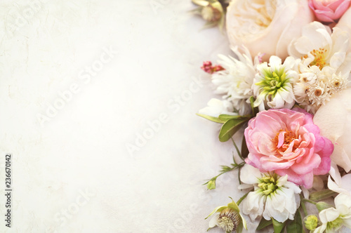 Summer blossoming delicate rose on blooming flowers festive background, pastel and soft bouquet floral card, toned © ulada