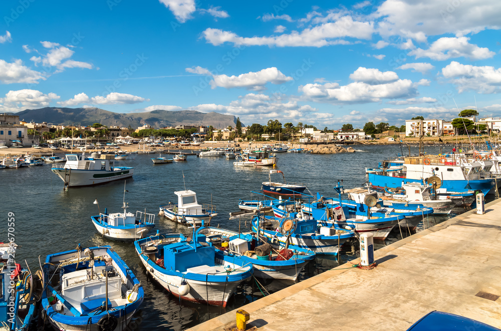Fishing boats in the small harbor of Isola delle Femmine, province of Palermo, Sicily