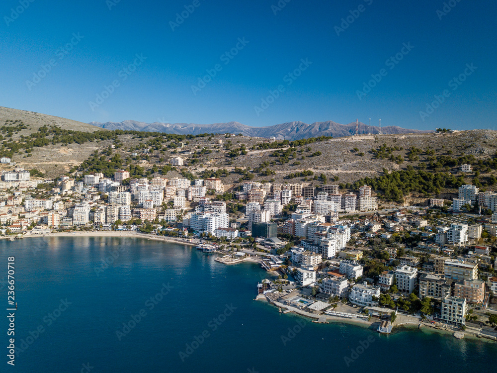 Mesmerising small city of Saranda Albania near the sea boulevard and luxury buildings (Sarande Albania Shqiperi Europe Balkan)