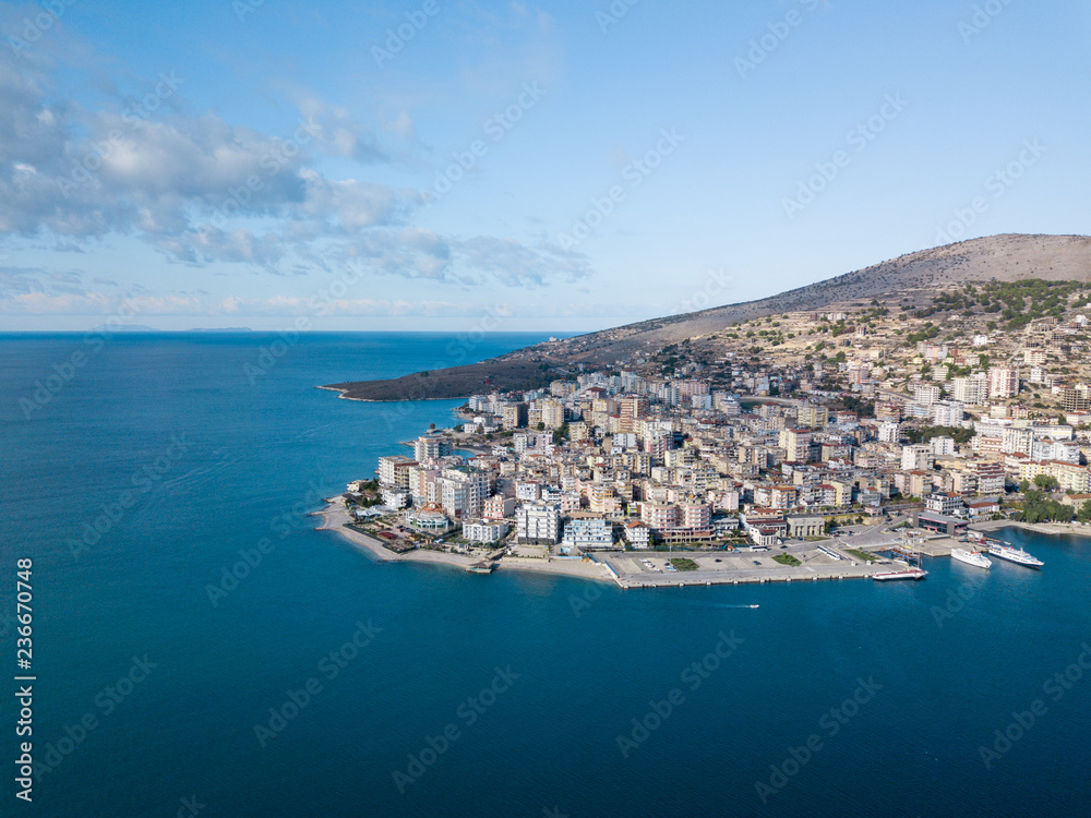 Aerial view of  the port of touristic city of Saranda. destination in Balkan . cruse ships  park here . Sarande Albania Balkan Europe planet earth 