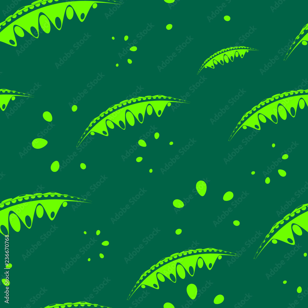 Pattern of delicate leaves and petals of garden plants in bright green and light green colors.