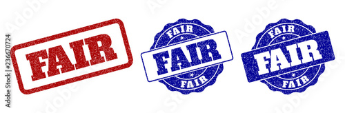 FAIR grunge stamp seals in red and blue colors. Vector FAIR imprints with grunge texture. Graphic elements are rounded rectangles, rosettes, circles and text labels.