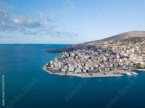 Aerial view of the port of touristic city of Saranda. destination in Balkan . cruse ships park here . Sarande Albania Balkan Europe planet earth 