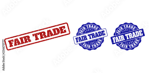 FAIR TRADE scratched stamp seals in red and blue colors. Vector FAIR TRADE labels with grunge texture. Graphic elements are rounded rectangles, rosettes, circles and text labels.