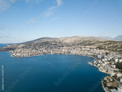 drone photo of saranda Albania. a Mediterranean city located in Europe, near Greece and Italy 