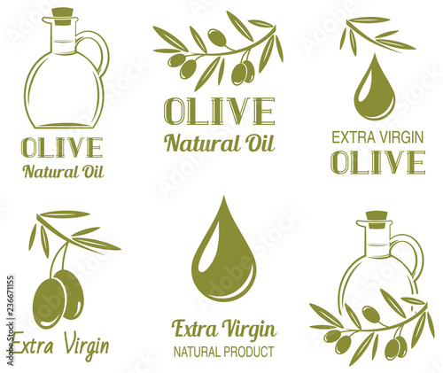 Vector drop of olive oil and set of olive labels.