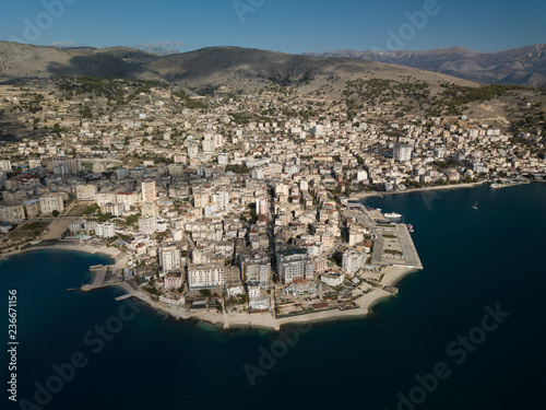 Beautiful aerial view of the touristic European city of Saranda located in south Albania . Mediterranean area 