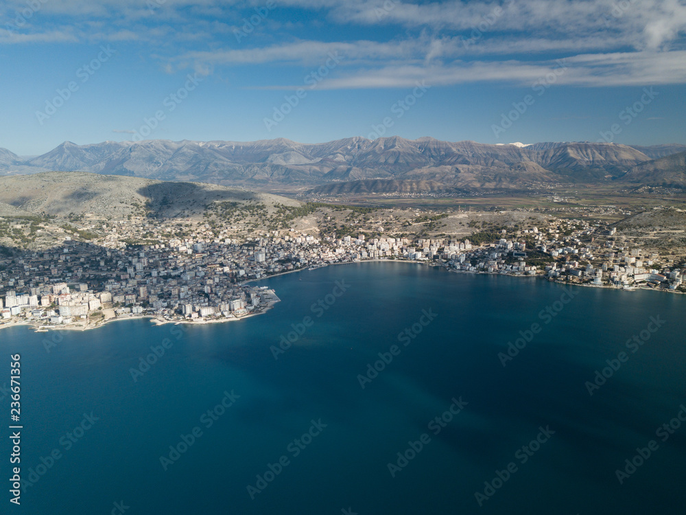 City of Saranda aerial view near the ionian sea part of Mediterranean waters. Albania Europe 