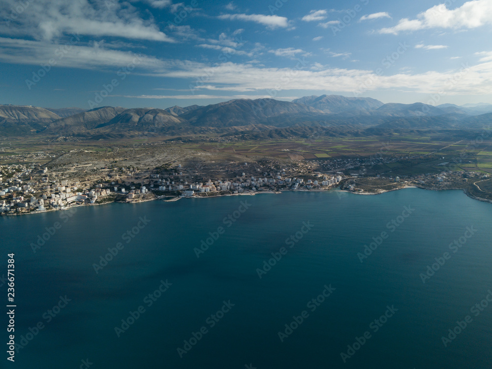 Aerial view of the city of saranda situated in south albania (albanian riviera)
