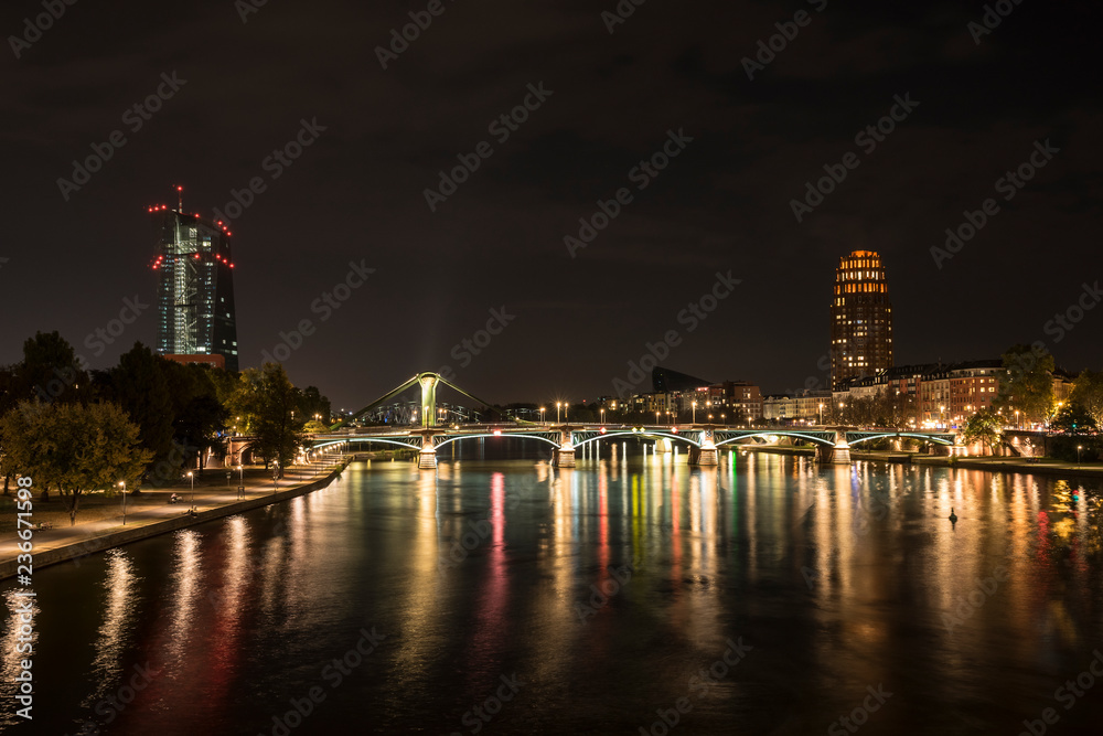 Riverside in Frankfurt at night.