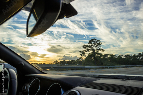 Road trip with perfect sunset and blue sky 