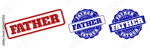 FATHER grunge stamp seals in red and blue colors. Vector FATHER imprints with grunge surface. Graphic elements are rounded rectangles, rosettes, circles and text tags.
