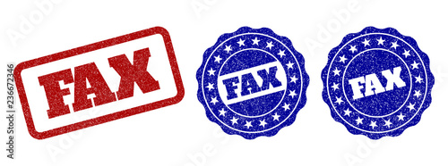 FAX grunge stamp seals in red and blue colors. Vector FAX marks with grunge style. Graphic elements are rounded rectangles, rosettes, circles and text tags. Designed for rubber stamp imitations.