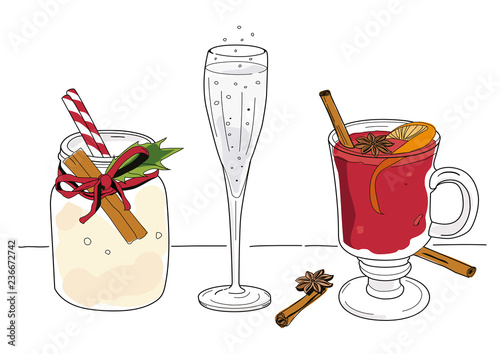 Hand drawn Christmas drinks holiday party, isolated vector illustration.