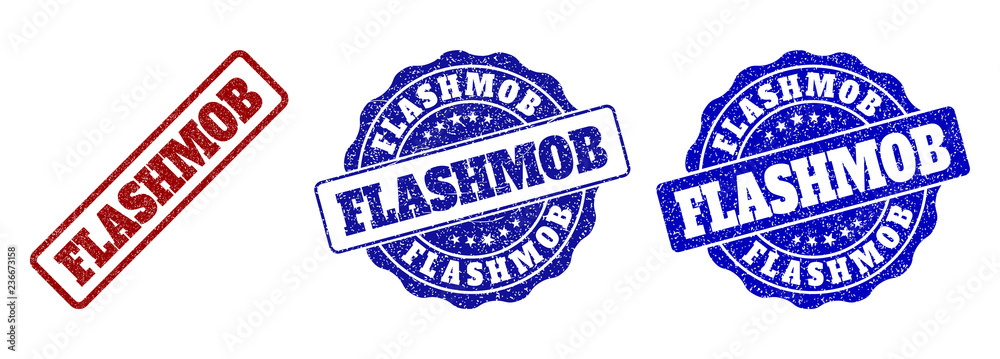 FLASHMOB grunge stamp seals in red and blue colors. Vector FLASHMOB watermarks with grunge surface. Graphic elements are rounded rectangles, rosettes, circles and text titles.