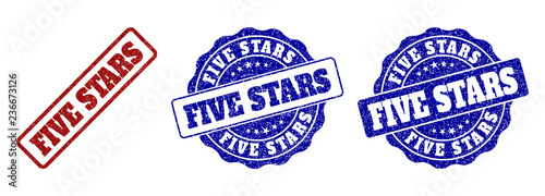 FIVE STARS grunge stamp seals in red and blue colors. Vector FIVE STARS labels with grunge texture. Graphic elements are rounded rectangles, rosettes, circles and text captions.